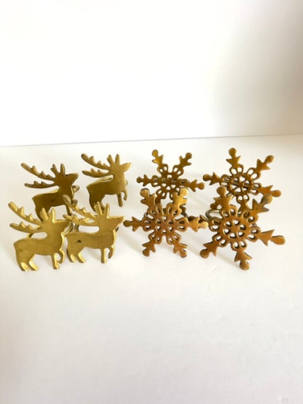 Vintage Brass Napkin Rings Set 8 Reindeer Snowflake Made India Christmas